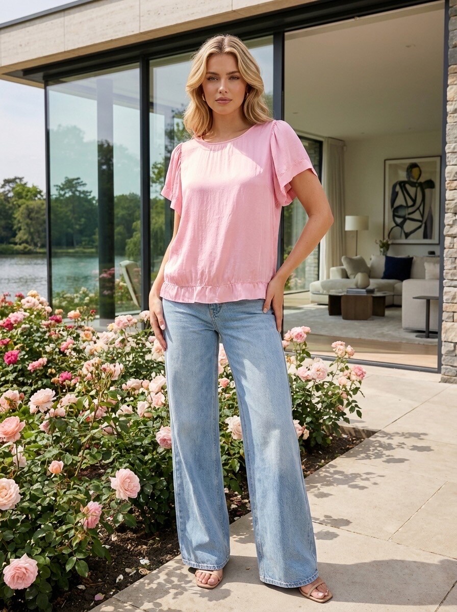Grossiste LAFÉEROSE - Top fluide en viscose col rond manches courtes évasées volantes chic casual