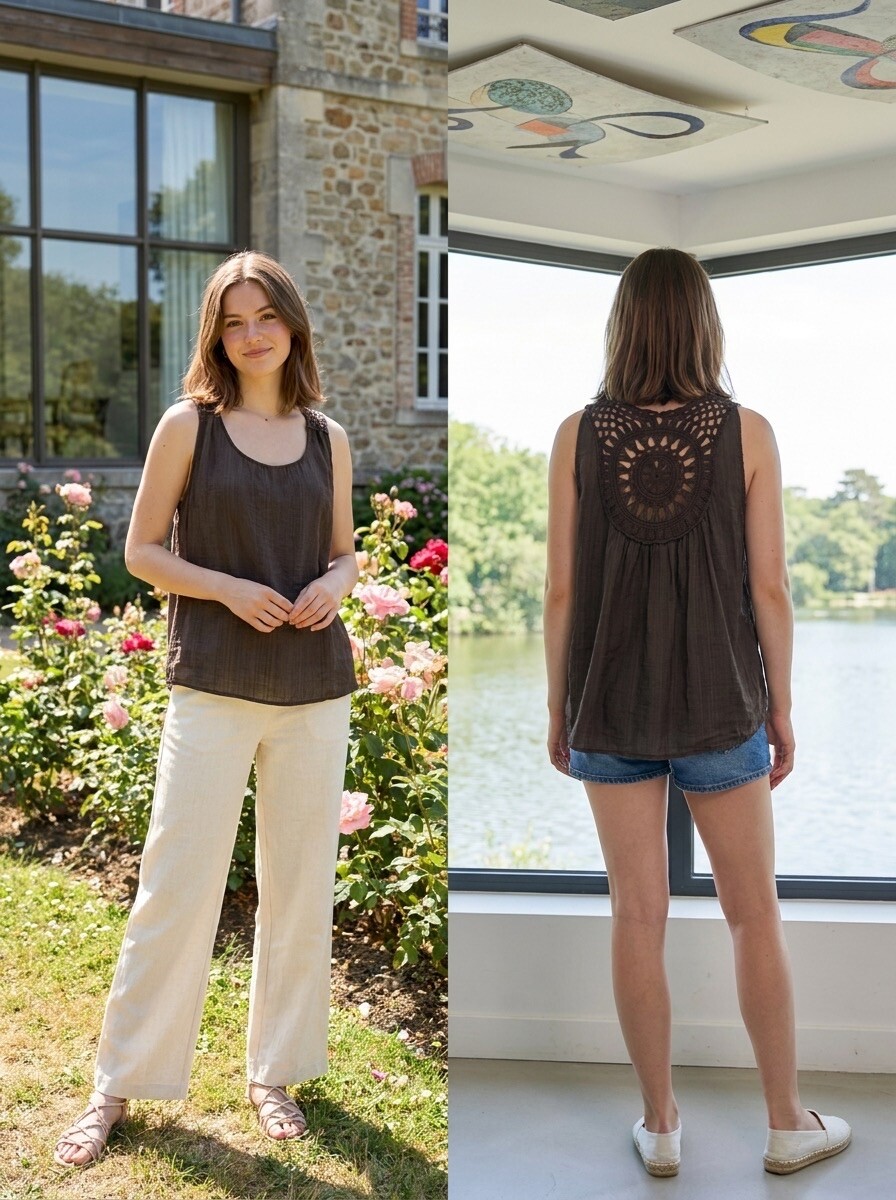 Wholesaler LAFÉEROSE - Sleeveless flowy top with a large crochet bib at the back, asymmetrical cut.