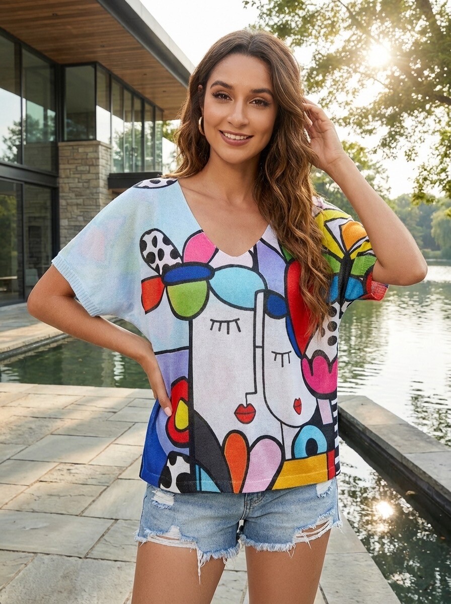 Grossiste LAFÉEROSE - Top Tshirt très fin en viscose fluide col V manches courtes à imprimé casual