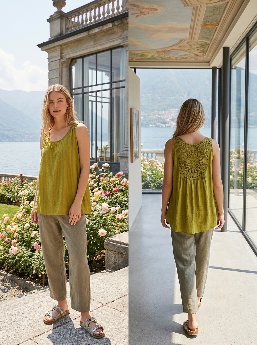 Grossiste LAFÉEROSE - Top fluide sans manches avec grand plastron en crochet au dos, coupe asymétriqu
