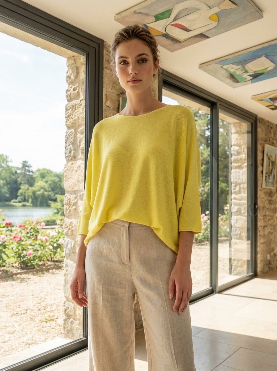 Grossiste LAFÉEROSE - Top pull fin fluide léger en viscose uni basic à col rond manches 3/4 évasées