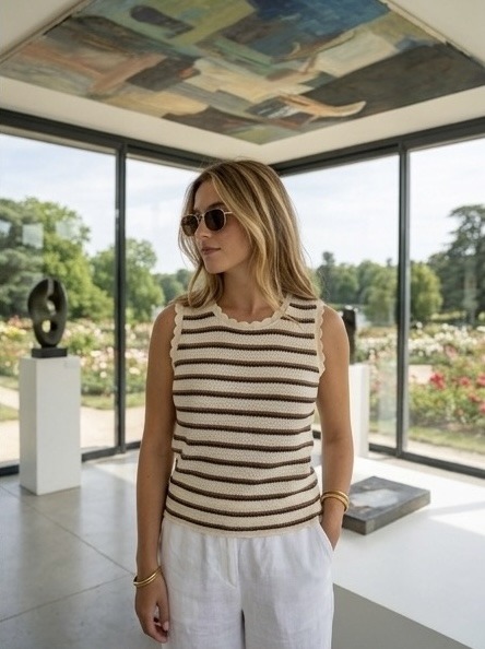 Grossiste LAFÉEROSE - Top en Maille Tricotée à Rayures – Style Rétro & Finitions Festonnées