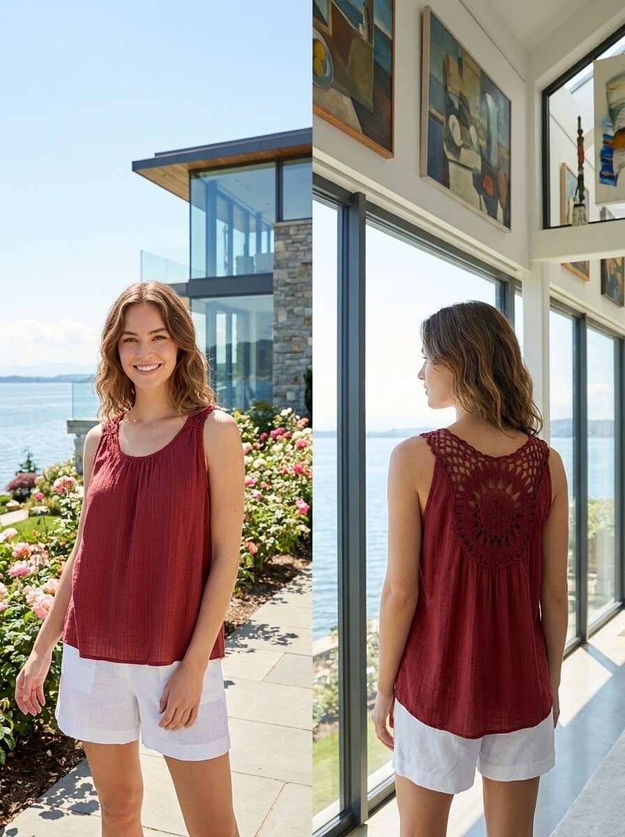 Mayorista LAFÉEROSE - Top fluido sin mangas con gran peto de crochet en la espalda, corte asimétrico.