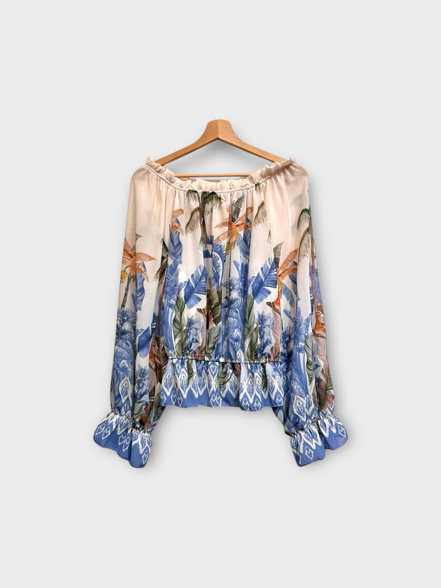 Wholesaler LAFÉEROSE - Fluid top printed with bardot collar and slightly cracked sleeves bohemian