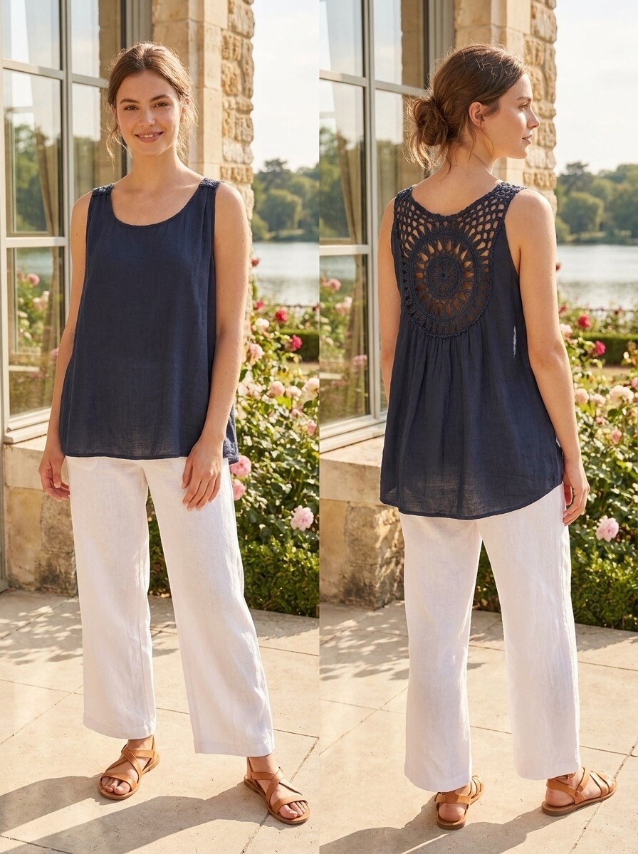 Grossiste LAFÉEROSE - Top fluide sans manches avec grand plastron en crochet au dos, coupe asymétriqu