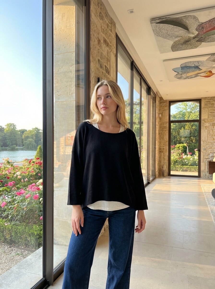 Grossiste LAFÉEROSE - Top pull oversize fluide en viscose avec débardeur à manche longue volantée