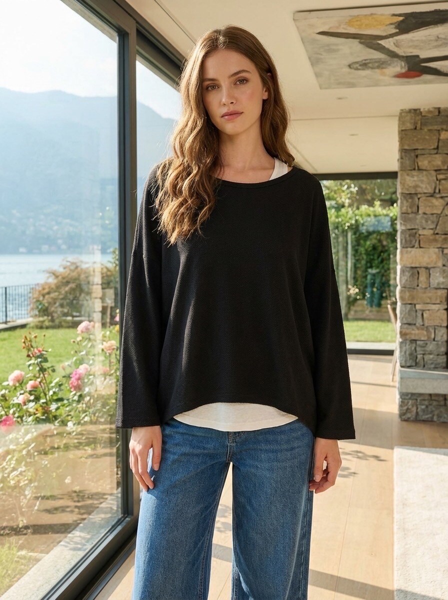 Grossiste LAFÉEROSE - Top pull oversize fluide en viscose avec débardeur à manche longue volantée