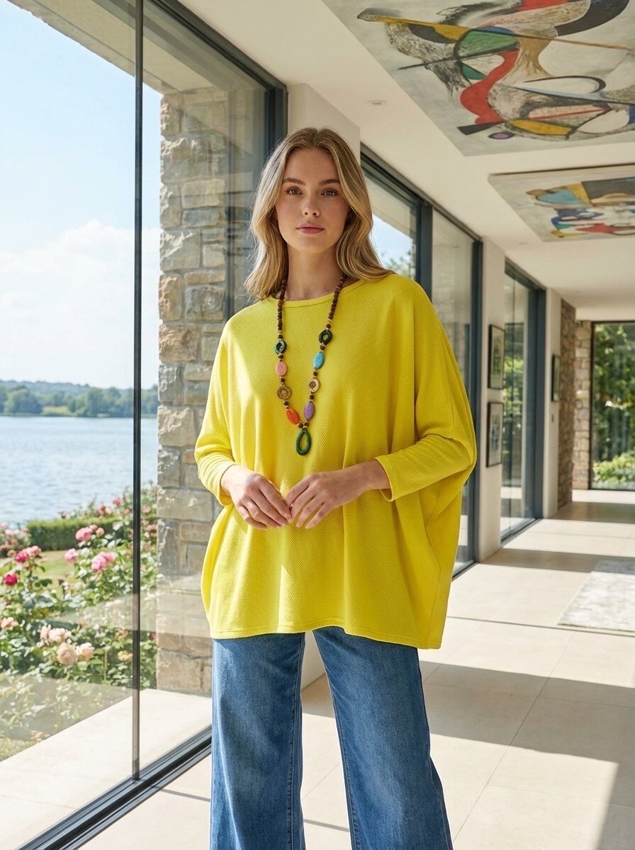 Grossiste LAFÉEROSE - Top oversize fluide en viscose col rond  manches longues avec collier colorés