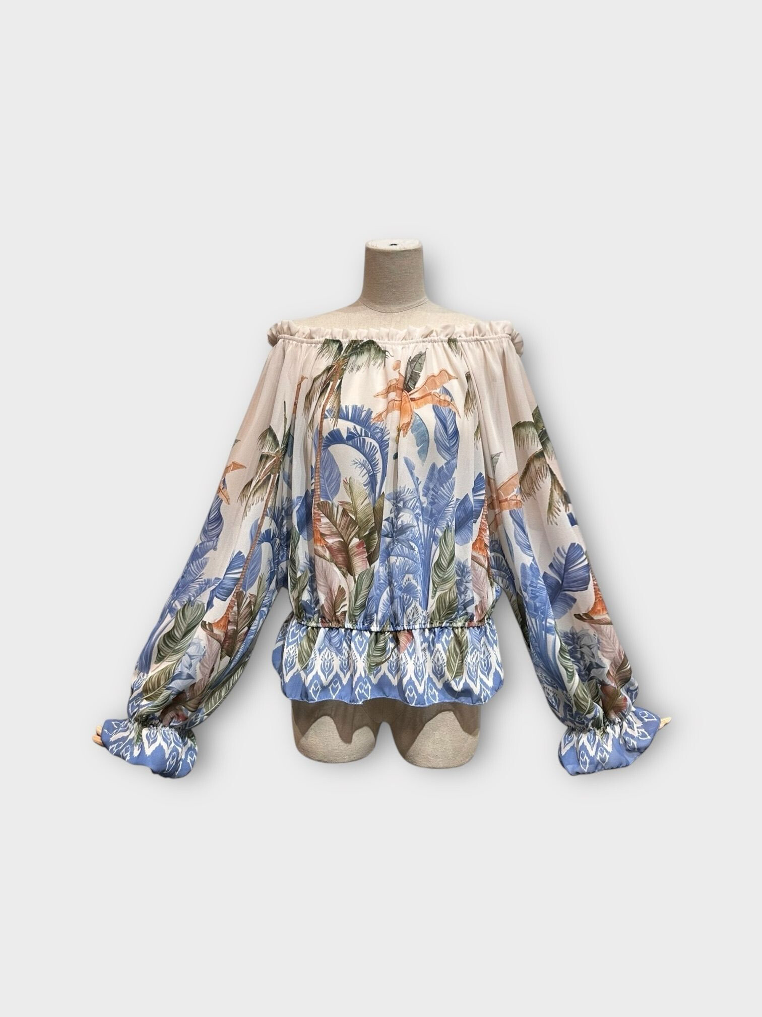 Wholesaler LAFÉEROSE - Fluid top printed with bardot collar and slightly cracked sleeves bohemian