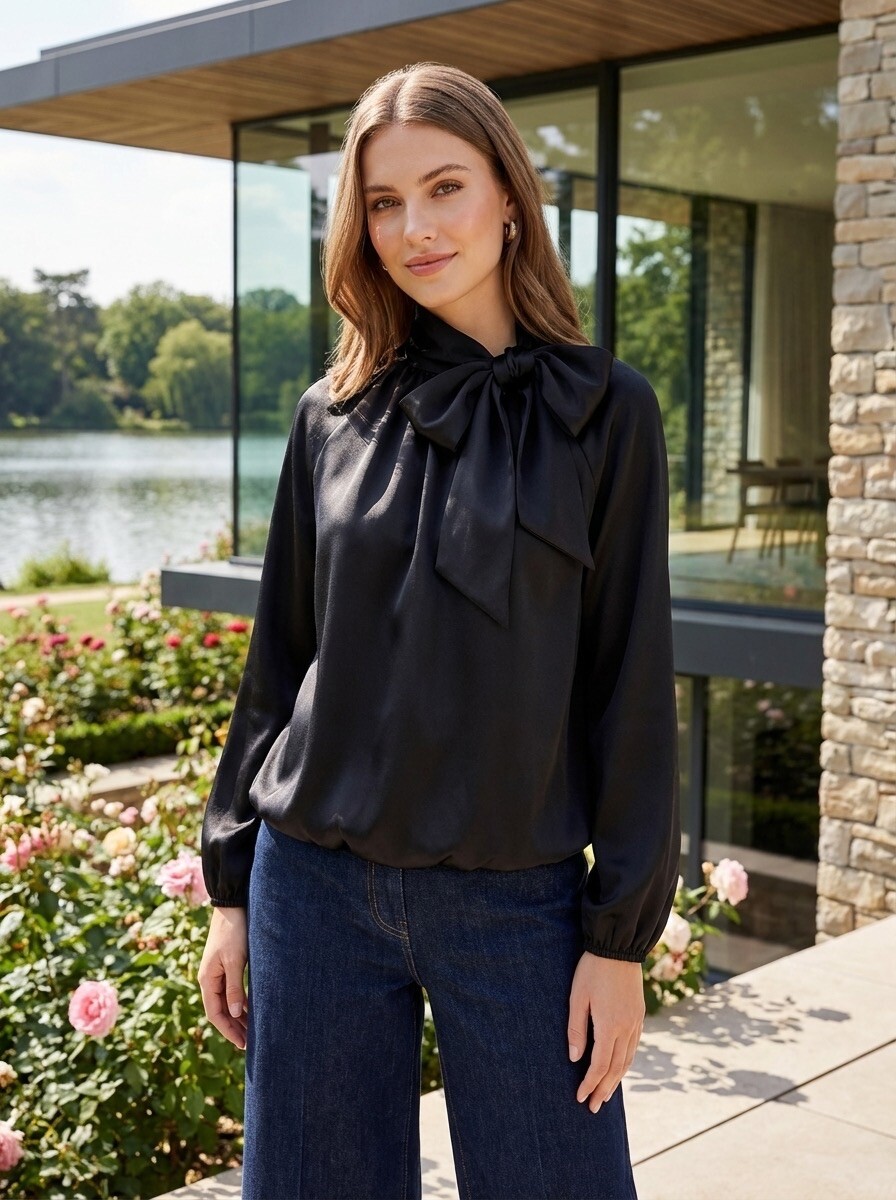 Grossiste LAFÉEROSE - TOP CHEMISE SATINÉ À NOEUDS MANCHES LONGUES FLUIDE CHIC LAFÉE