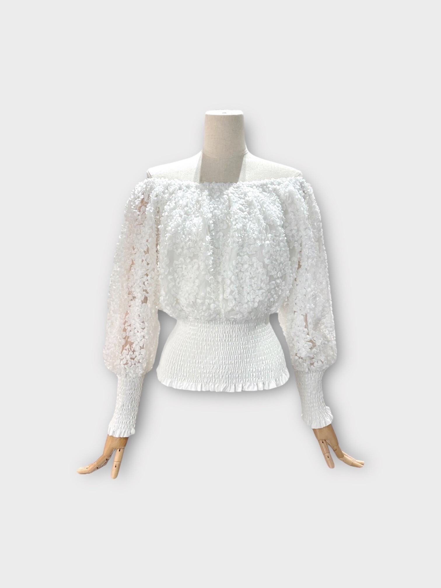 Wholesaler LAFÉEROSE - Top with floral bardot collar, long sleeves, lace effect - elastic waist