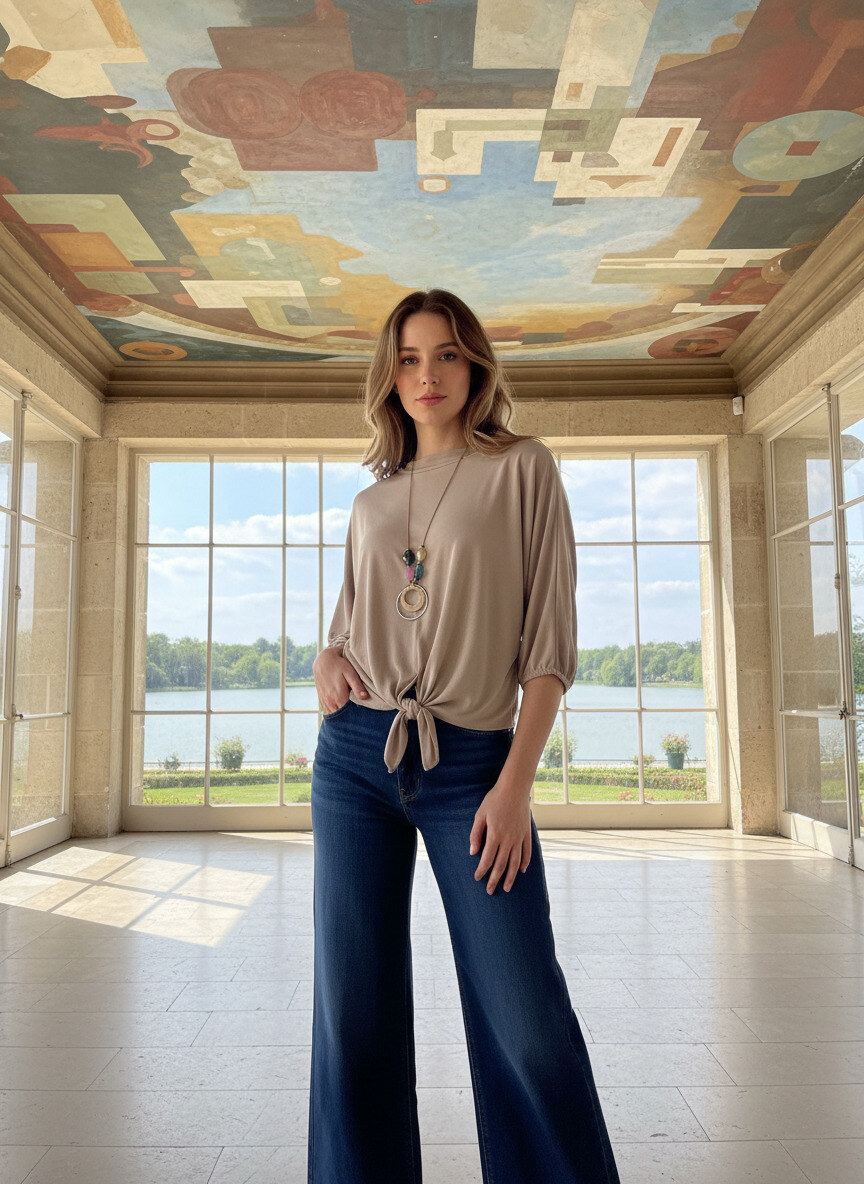 Grossiste LAFÉEROSE - Top oversize fluide en viscose à nouer col rond manches 3/4 avec collier