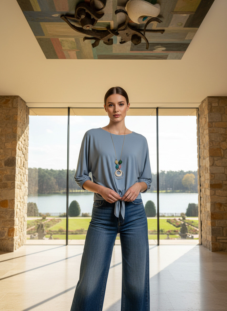 Grossiste LAFÉEROSE - Top oversize fluide en viscose à nouer col rond manches 3/4 avec collier