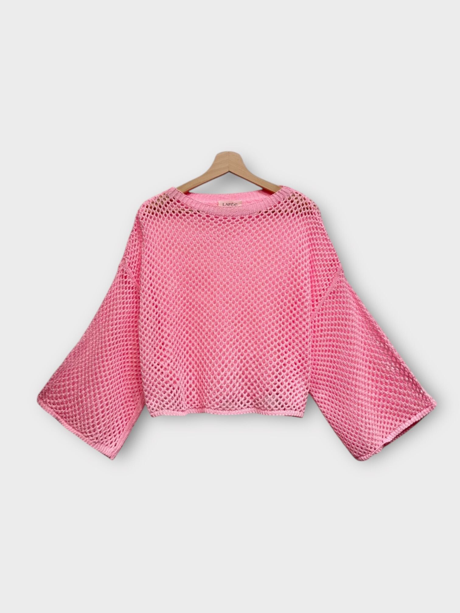 Grossiste LAFÉEROSE - Top Pull crochet en coton à manches évasées volantes col rond - bohème casual