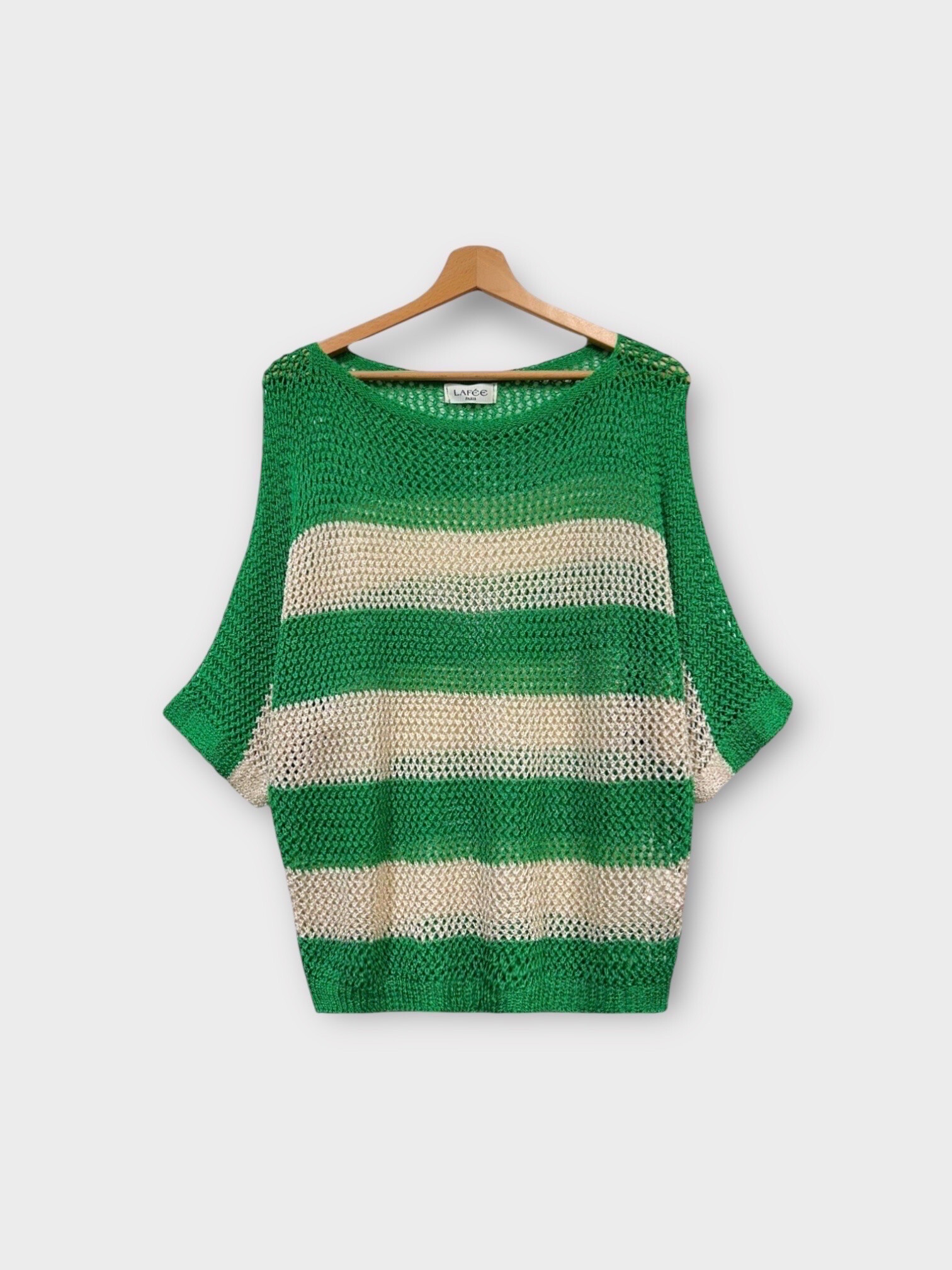 Grossista LAFÉEROSE - Top maglione oversize all'uncinetto con maniche a 3/4 in maglia traforata a righe e scollo tondo