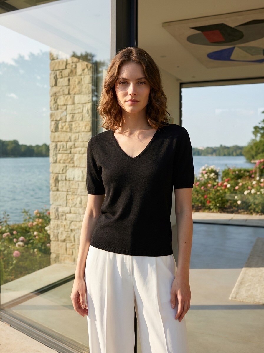 Grossiste LAFÉEROSE - Top fin fluide léger en viscose col V manches courtes style t-shirt basic uni