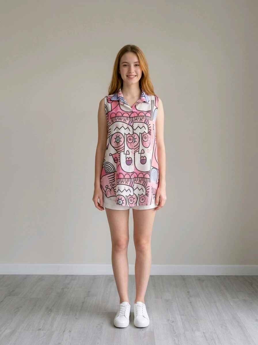 Grossiste LAFÉEROSE - Top Débardeur en coton à imprimé effet lin style chemise sans manches