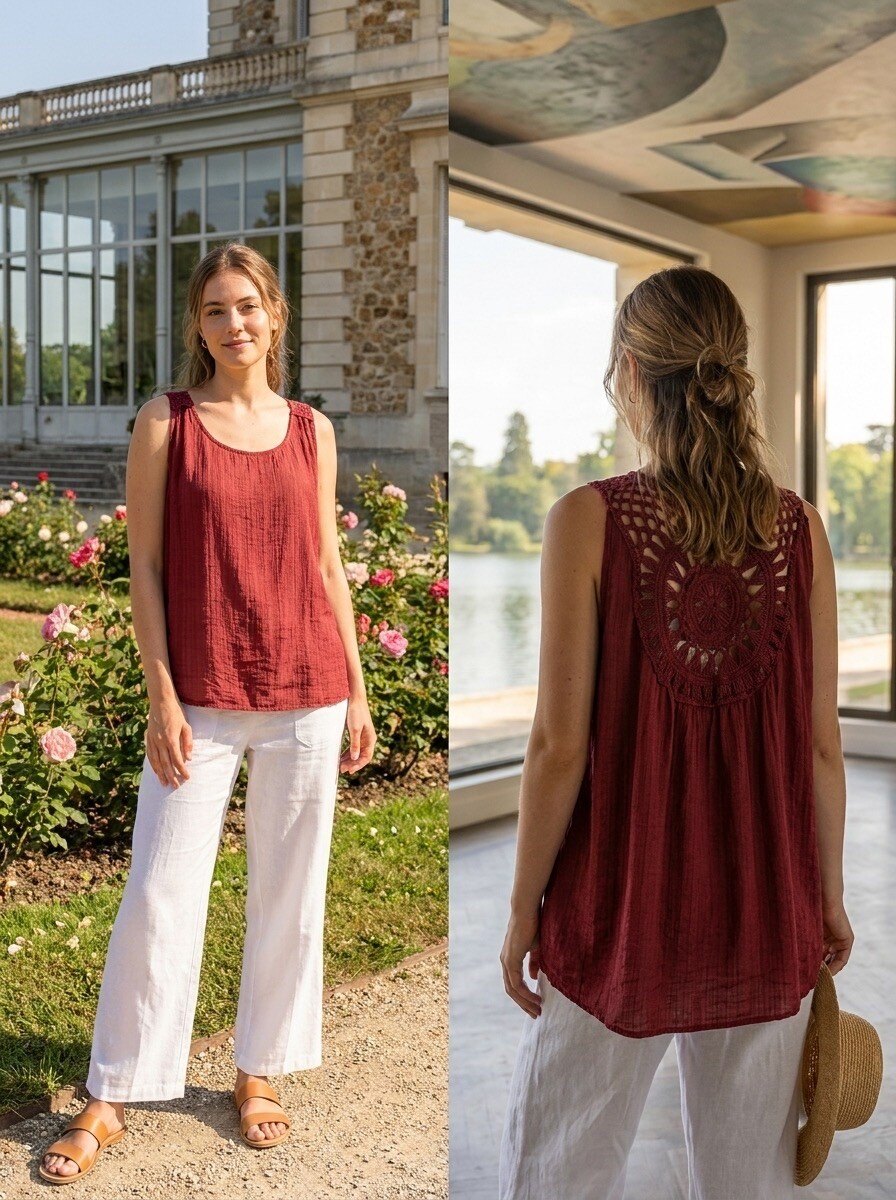Grossiste LAFÉEROSE - Top fluide sans manches avec grand plastron en crochet au dos, coupe asymétriqu