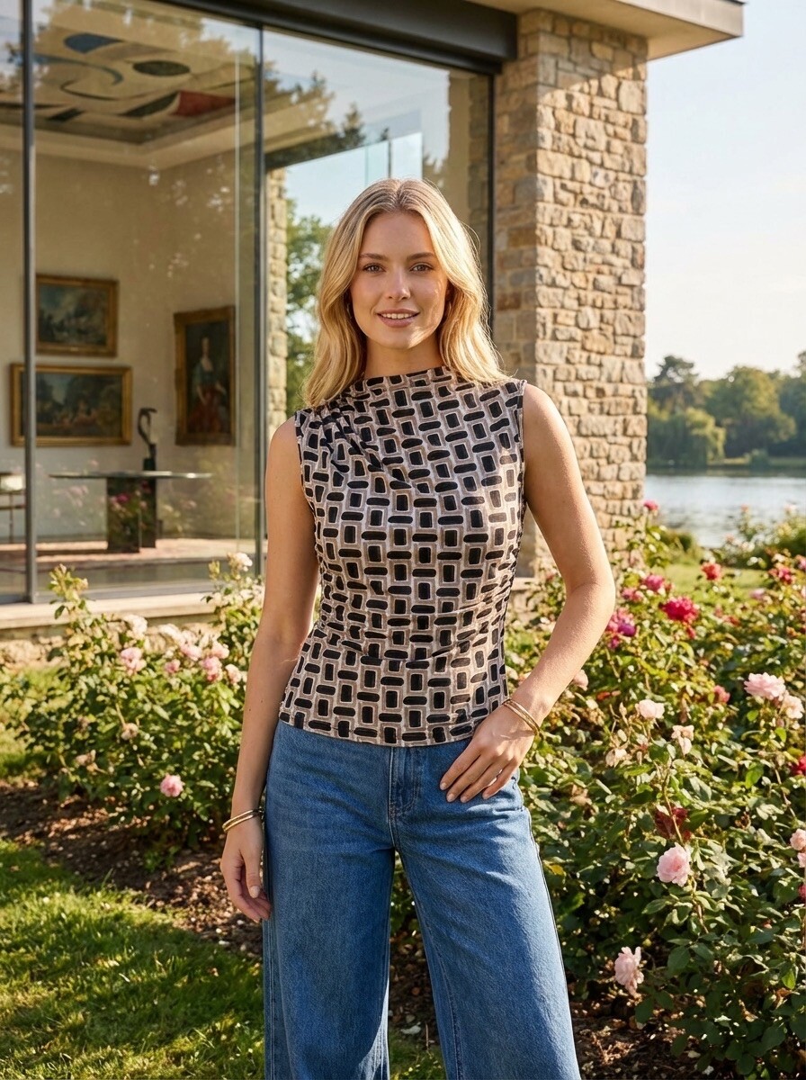 Grossiste LAFÉEROSE - Top fluide moulant stretch drapé sans manches à imprimé