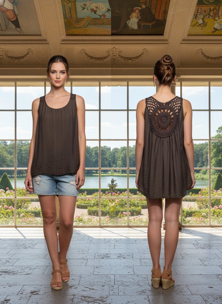 Grossiste LAFÉEROSE - Top fluide sans manches avec grand plastron en crochet au dos, coupe asymétriqu
