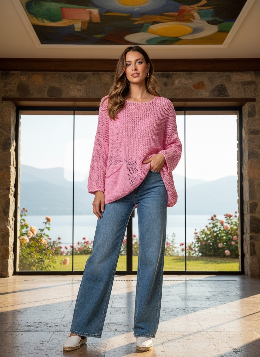 Grossiste LAFÉEROSE - Haut - Pull en coton col rond, maille ajourée, ample et fluide, confortable