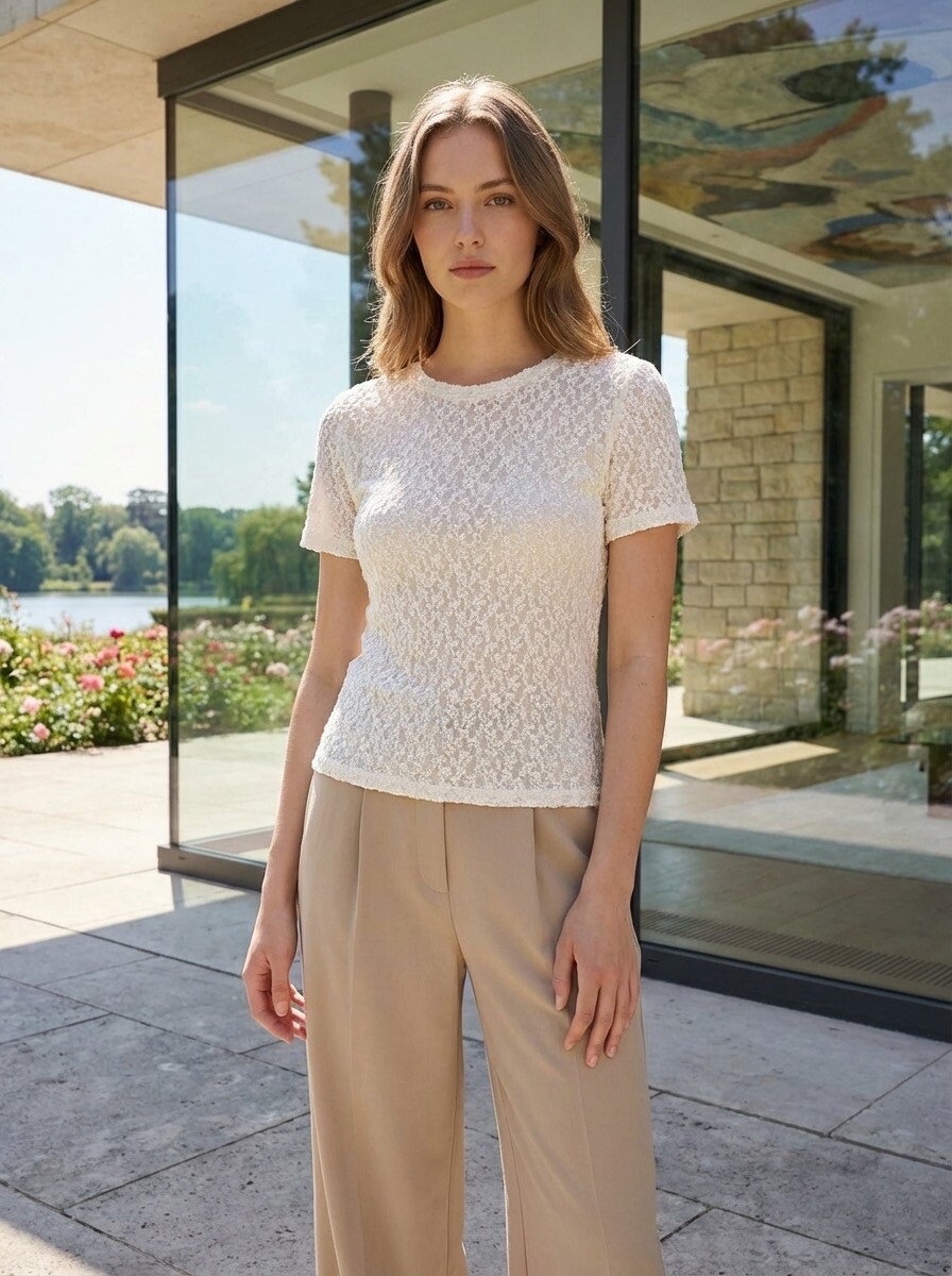 Wholesaler LAFÉEROSE - Floral lace top in flowing cotton, round neck, long sleeves