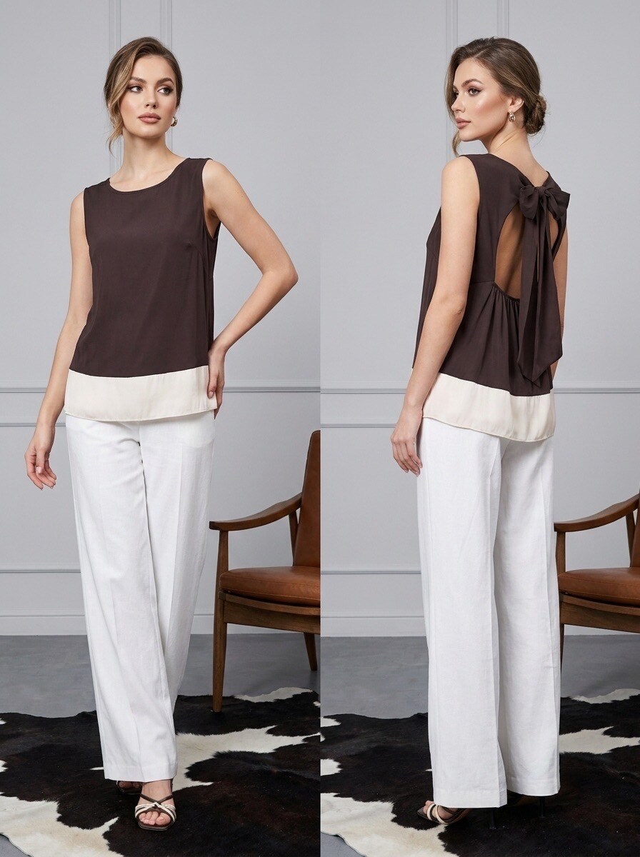 Grossiste LAFÉEROSE - Top fluide en viscose col rond sans manches et dos à nouer