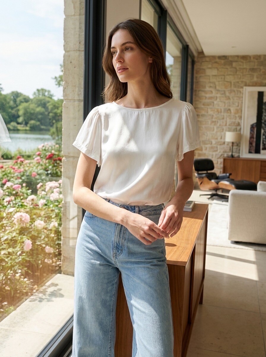 Wholesaler LAFÉEROSE - Top fluid in viscose round neck short sleeves flared flared chic casual