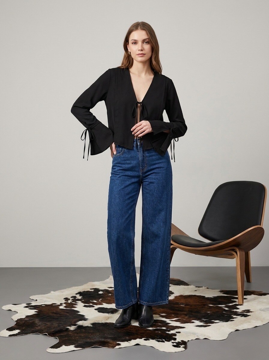 Grossiste LAFÉEROSE - TOP BLOUSE CHEMISE GILET À NOEUDS MANCHES LONGUES NEW TENDANCE FETE SOIREE