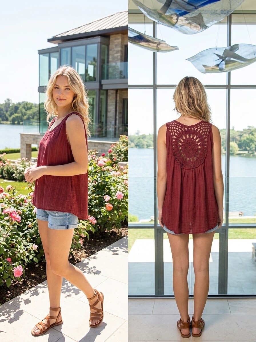 Grossiste LAFÉEROSE - Top fluide sans manches avec grand plastron en crochet au dos, coupe asymétriqu