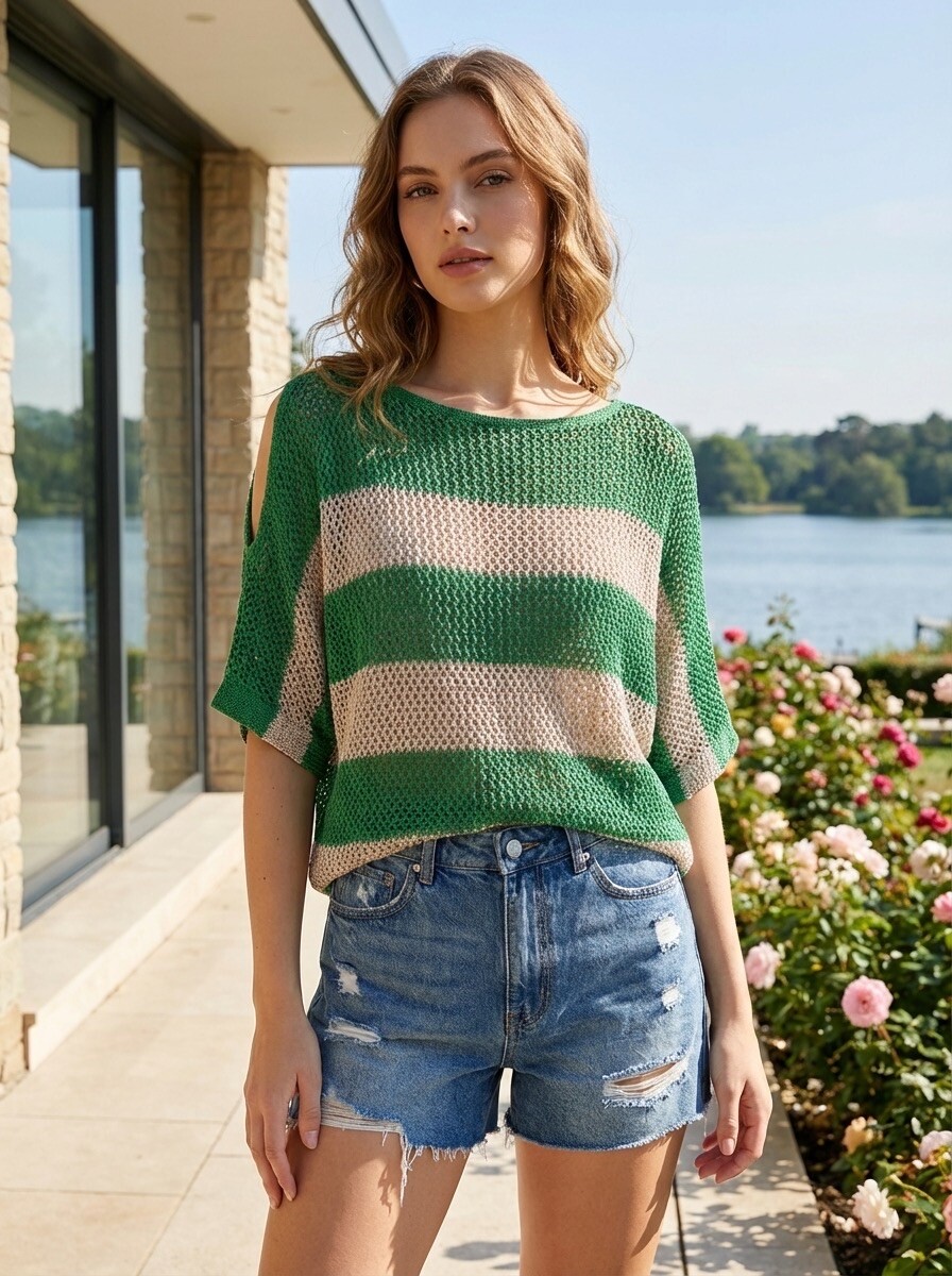 Mayorista LAFÉEROSE - Jersey oversize de crochet con punto calado a rayas, manga 3/4, cuello redondo