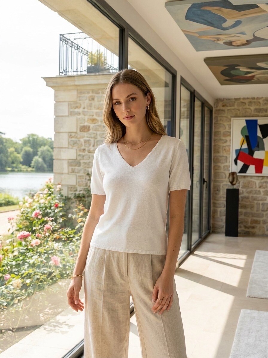 Wholesaler LAFÉEROSE - Top Style Uni T -shirt - Light fine sweater in soft Modal V -neck with short sleeves