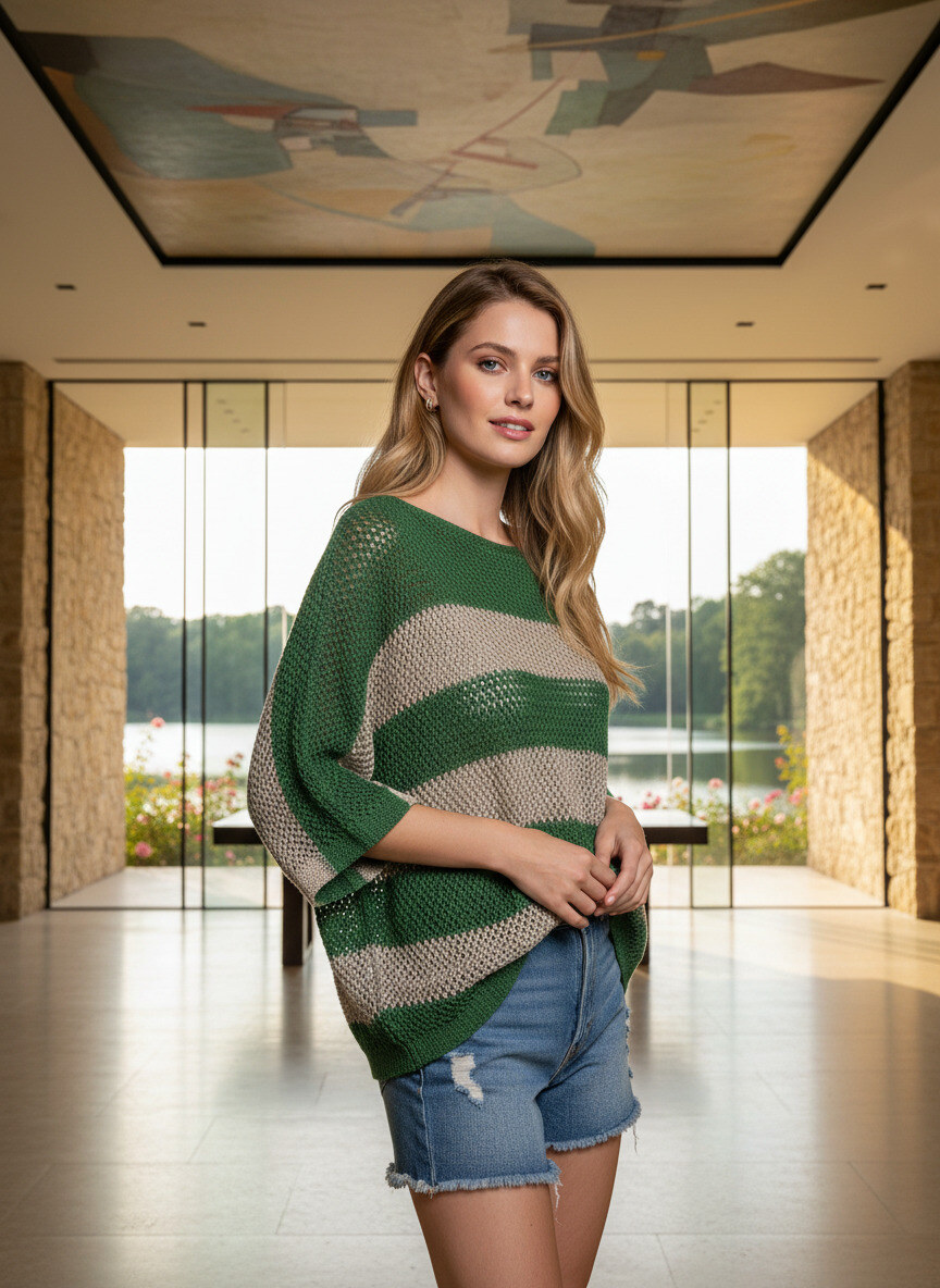 Mayorista LAFÉEROSE - Jersey oversize de crochet con punto calado a rayas, manga 3/4, cuello redondo