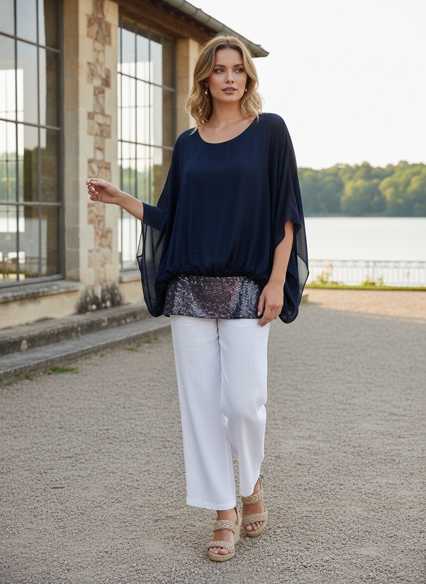 Wholesaler LAFÉEROSE - Flowy Two-Fabric Tunic with Glitter Hem