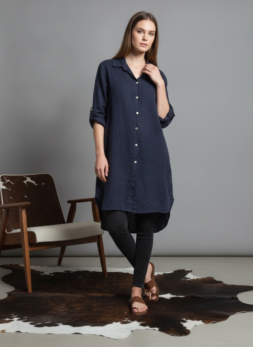 Grossiste LAFÉEROSE - Robe chemise longue / Tunique asymétrique en lin