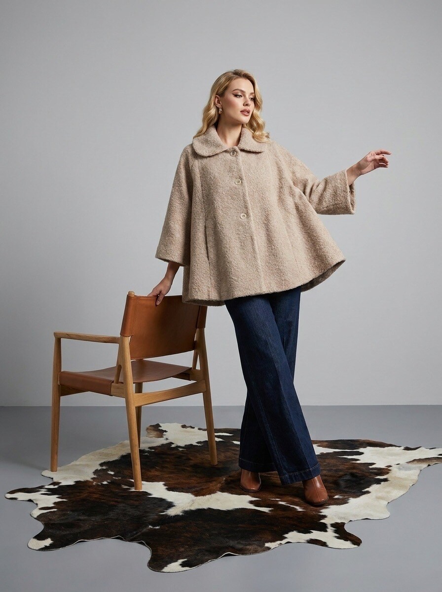 Grossista LAFÉEROSE - Giacca Mantella Poncho oversize effetto lana riccia con tasche