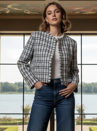Grossiste LAFÉEROSE - Veste en tweed en coton à carreaux à poches et boutons détails franges