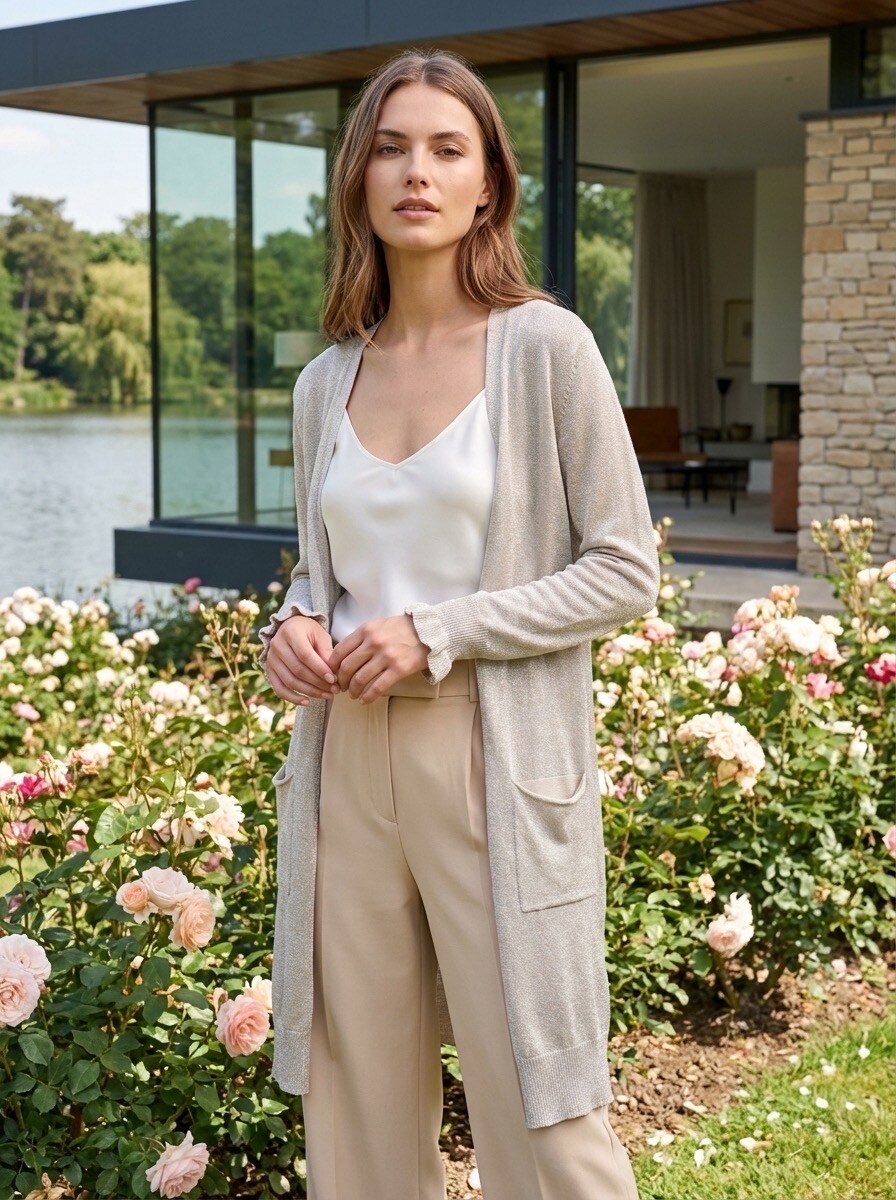 Grossiste LAFÉEROSE - Gilet Cardigan long à poches en modal léger, manches froncées scintillant