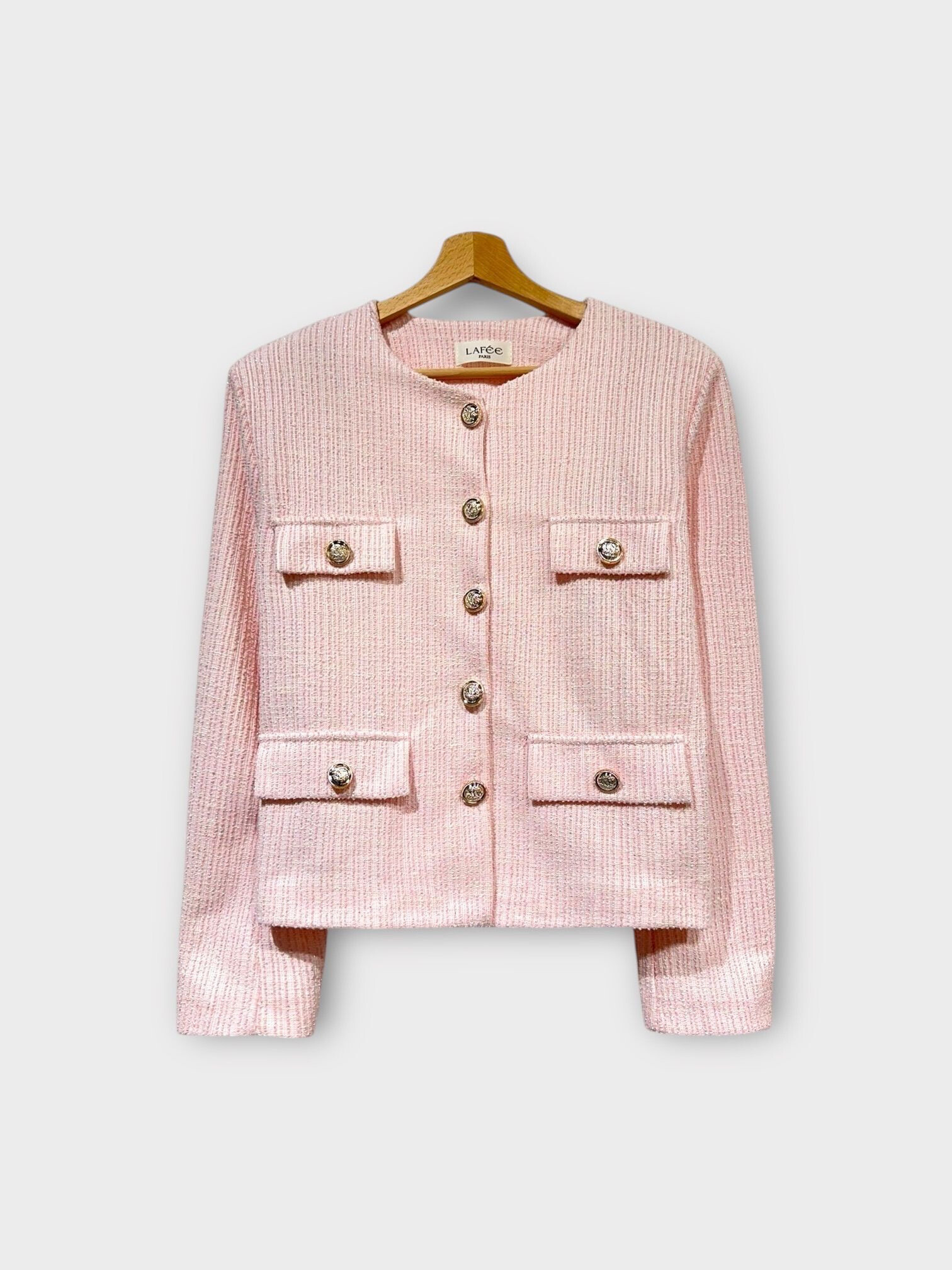 Wholesaler LAFÉEROSE - Tweed cotton tweed jacket with reverse collar, buttons and long sparkles