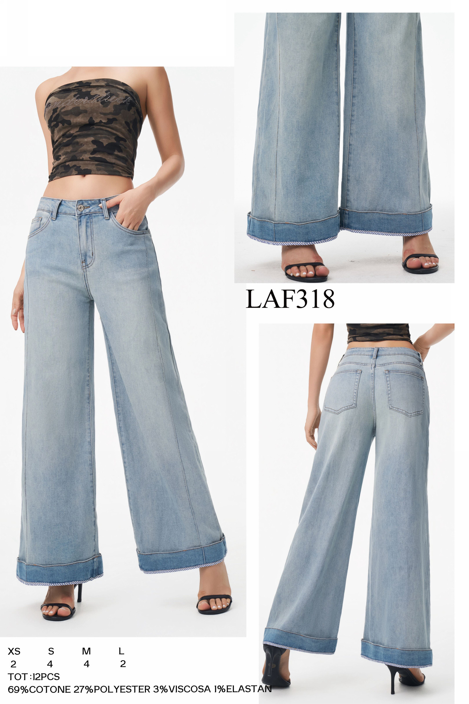 Grossiste LARA - JEANS PALAZZO AVEC REVERS