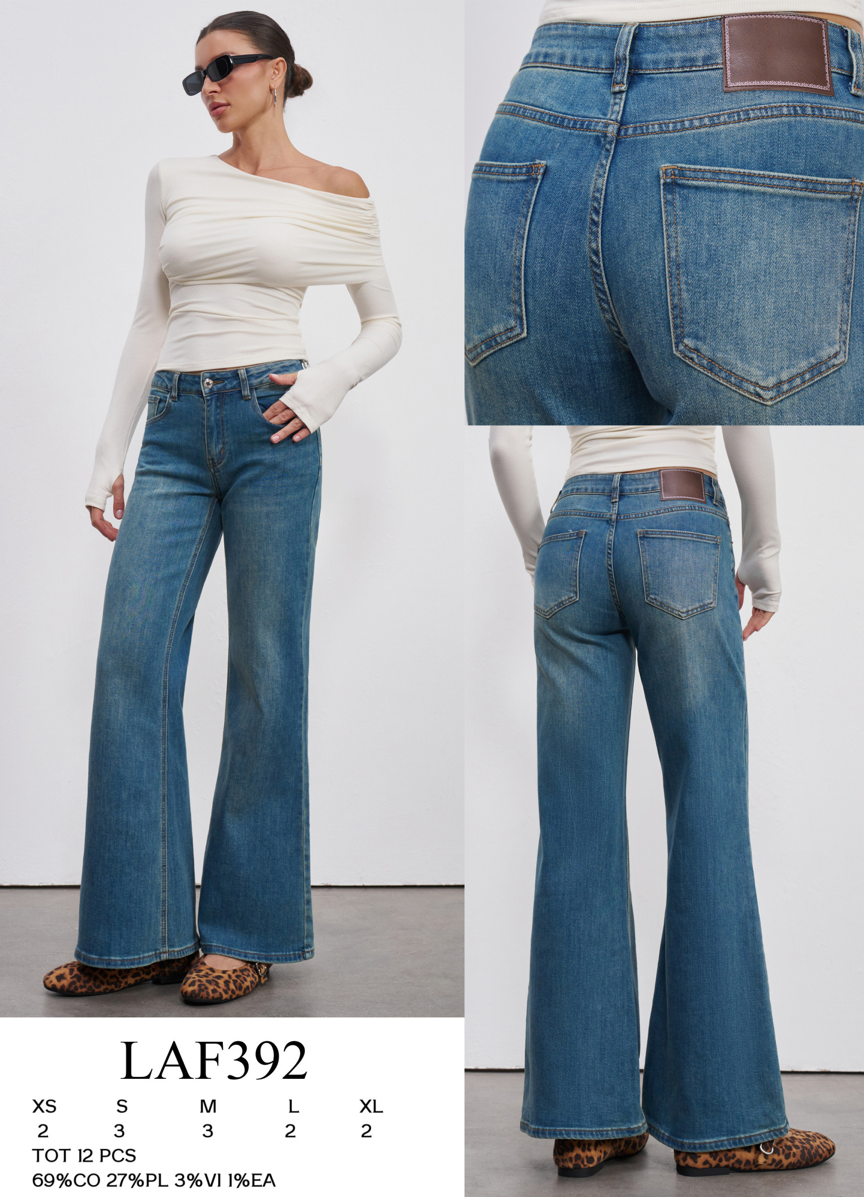 Wholesaler LARA - FLARED JEANS WITH BROWN PATCH
