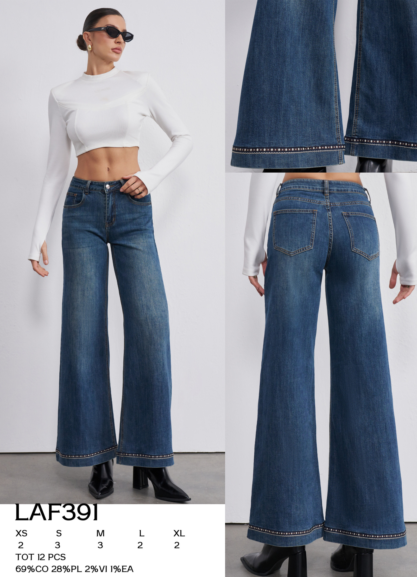 Wholesaler LARA - FLARED JEANS WITH HEM DECORATIONS