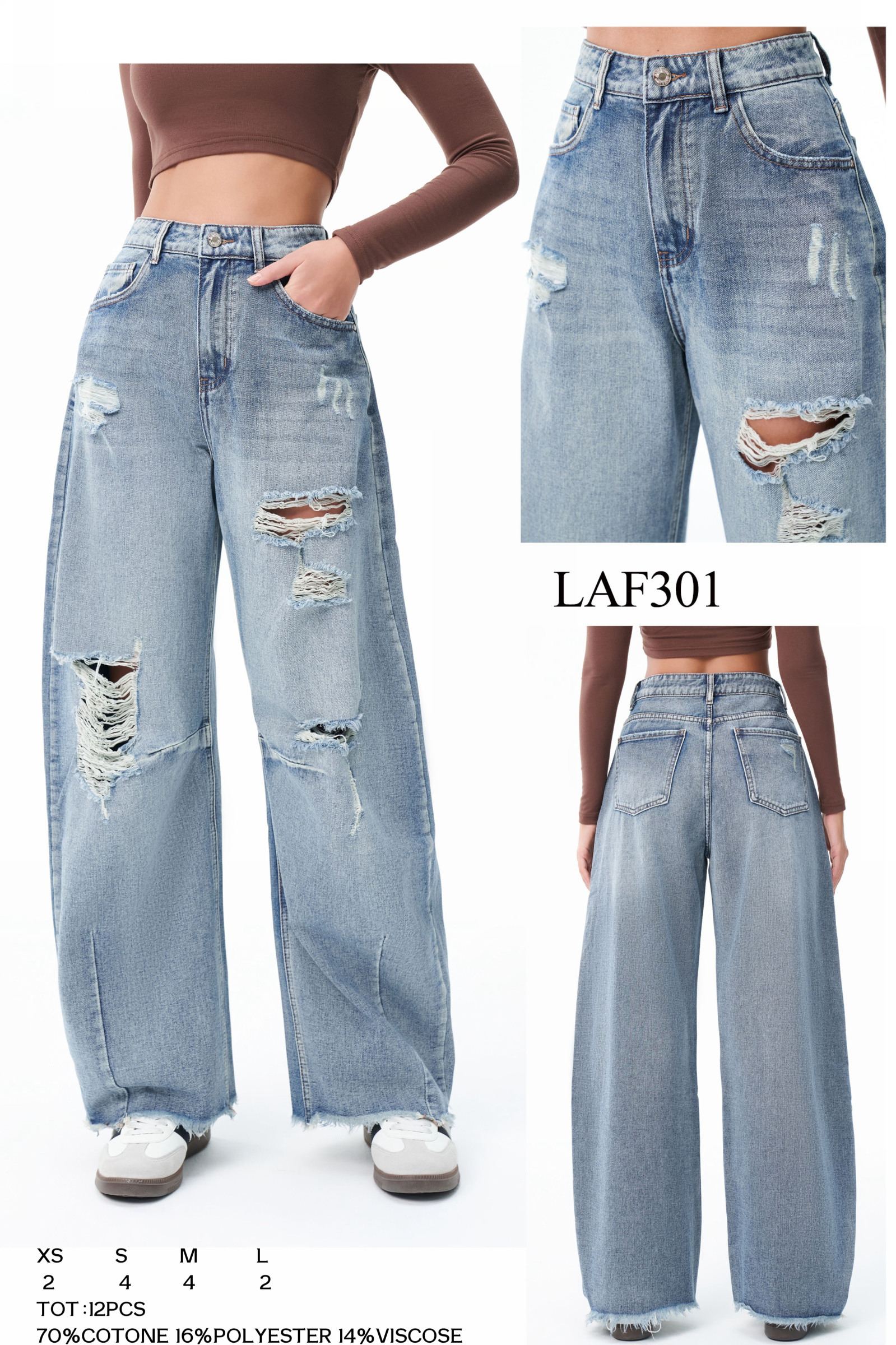 Grossiste LARA - JEANS BALLOON FIT DÉCHIRÉS AVEC OURLET EFFILOCHE