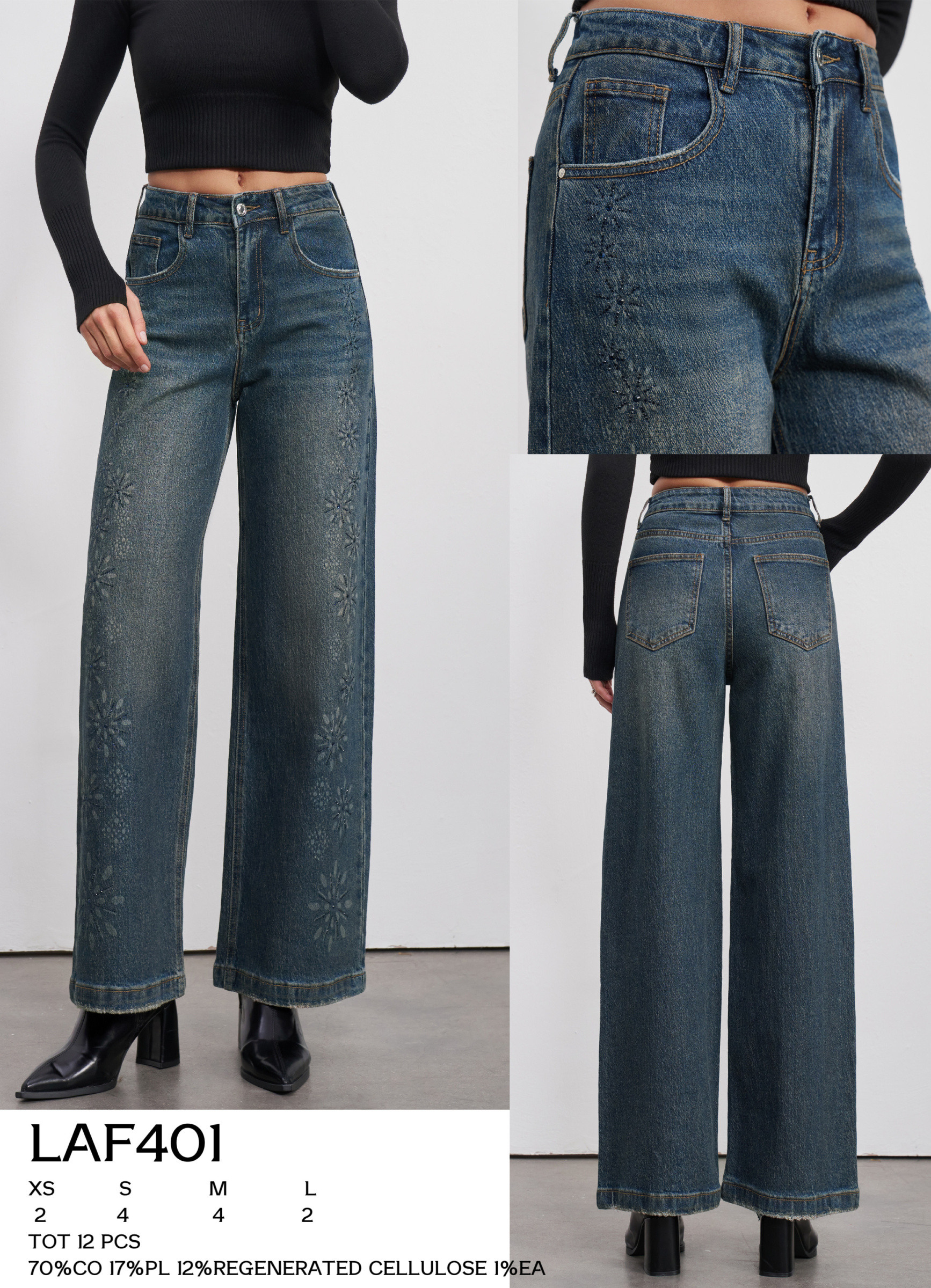 Wholesaler LARA - WIDE LEG JEANS WITH FLORAL RHINESTONE DECORATIONS
