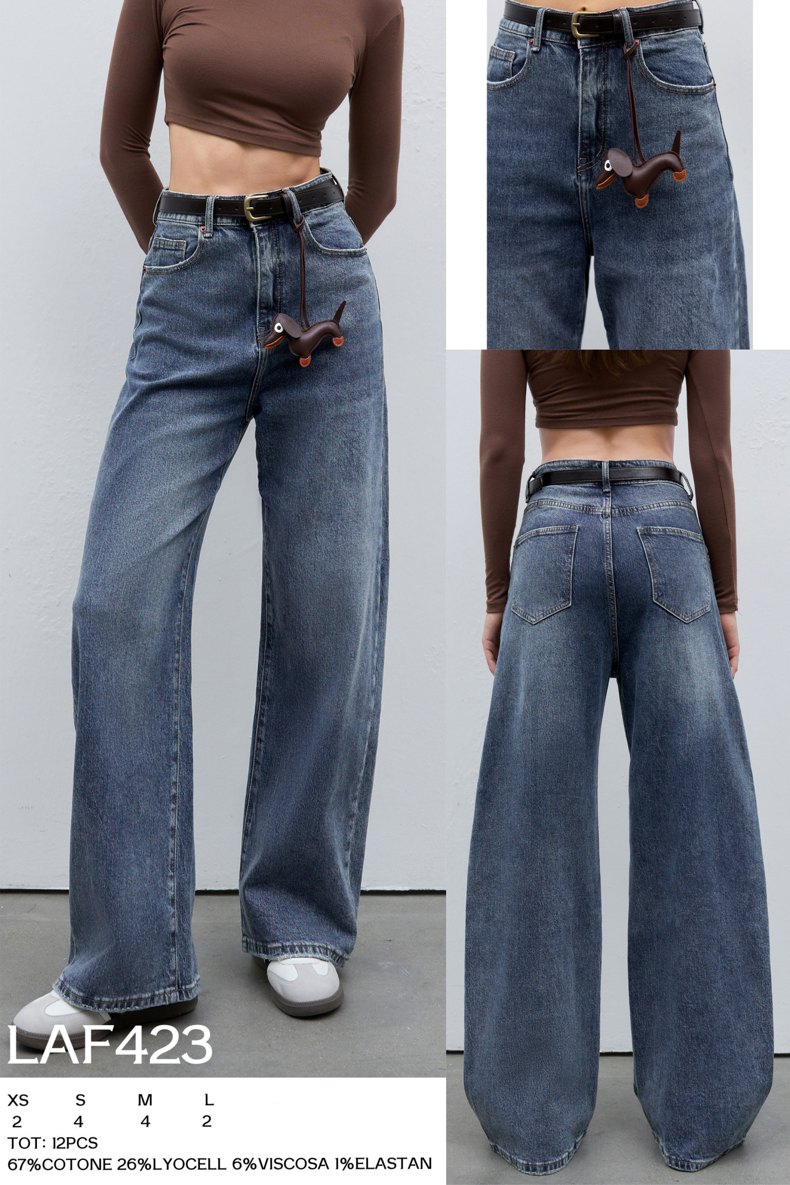 Wholesaler LARA - BALLOON FIT JEANS WITH BELT AND DOG-SHAPED CHARM