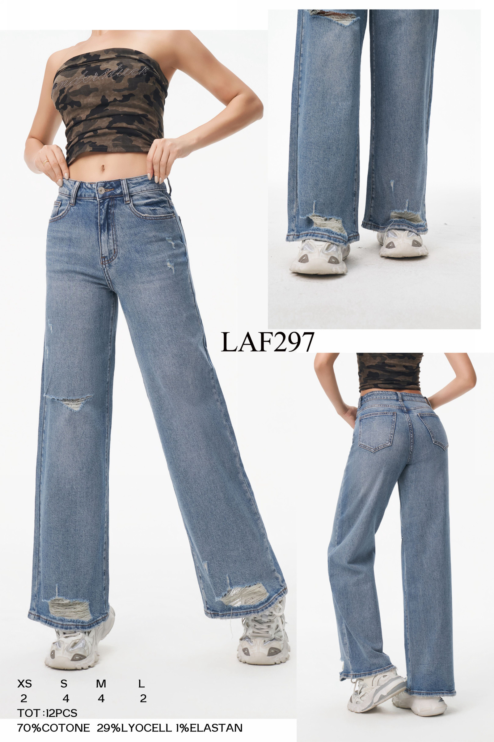 Grossiste LARA - JEANS LARGE AVEC OURLET EFFILÉ