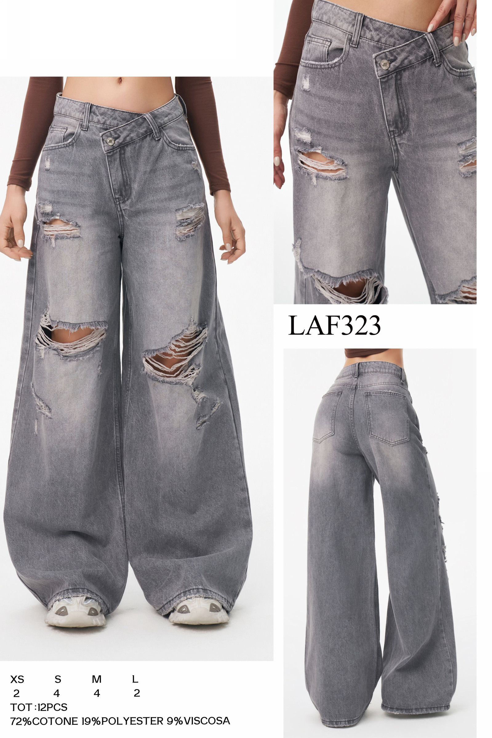 Grossiste LARA - JEANS PALAZZO DÉCHIRÉS AVEC TAILLE ASYMÉTRIQUE