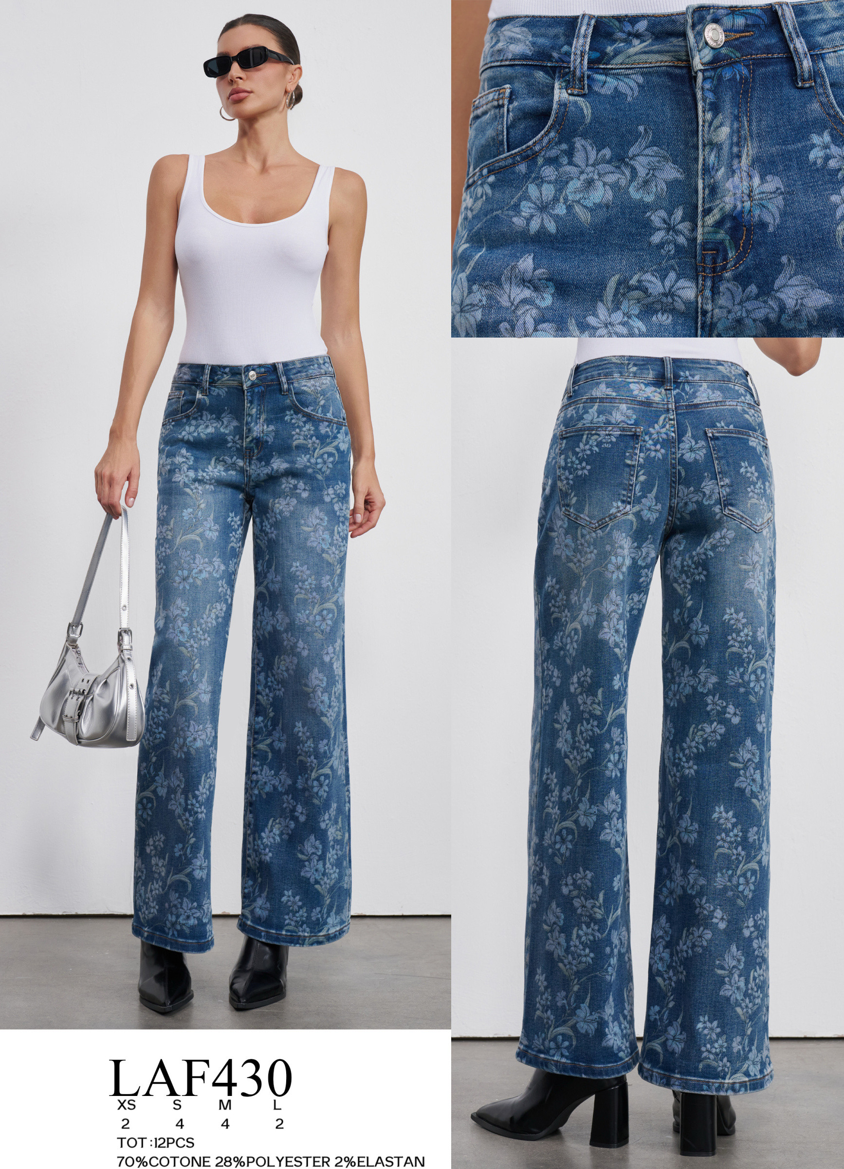 Wholesaler LARA - WIDE LEG JEANS WITH PRINTED FLOWERS