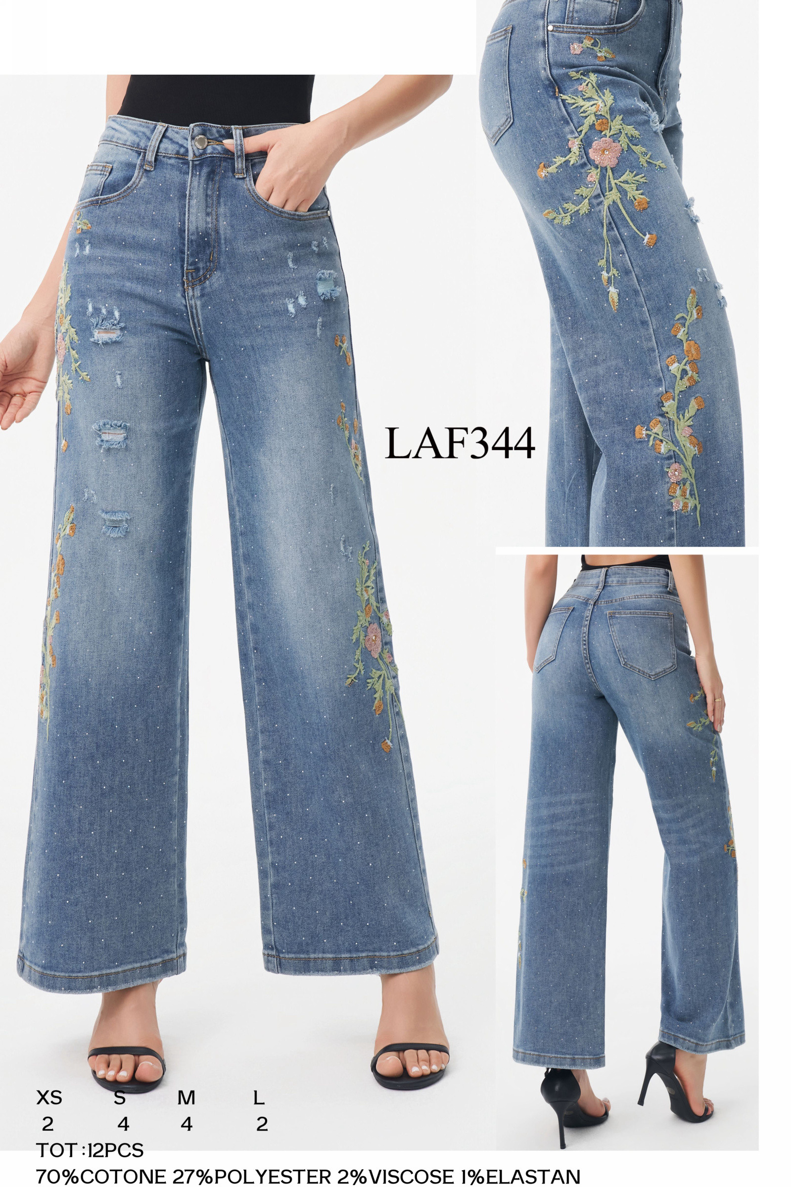 Grossiste LARA - JEANS LARGE AVEC BRODERIES DE FLEURS ET STRASS