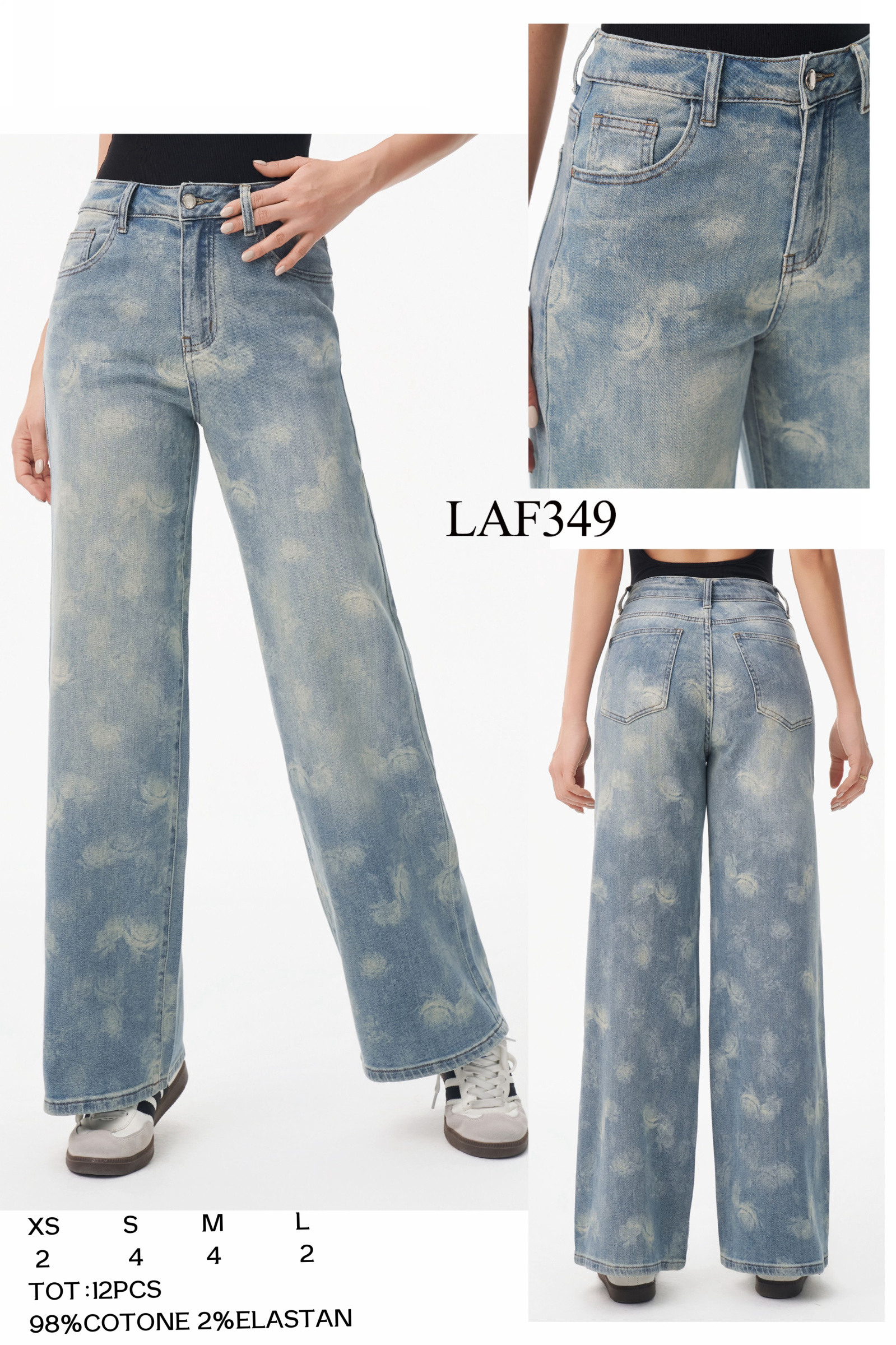 Grossiste LARA - JEANS À JAMBE LARGE AVEC LAVAGE PARTICULIER DE FLEURS